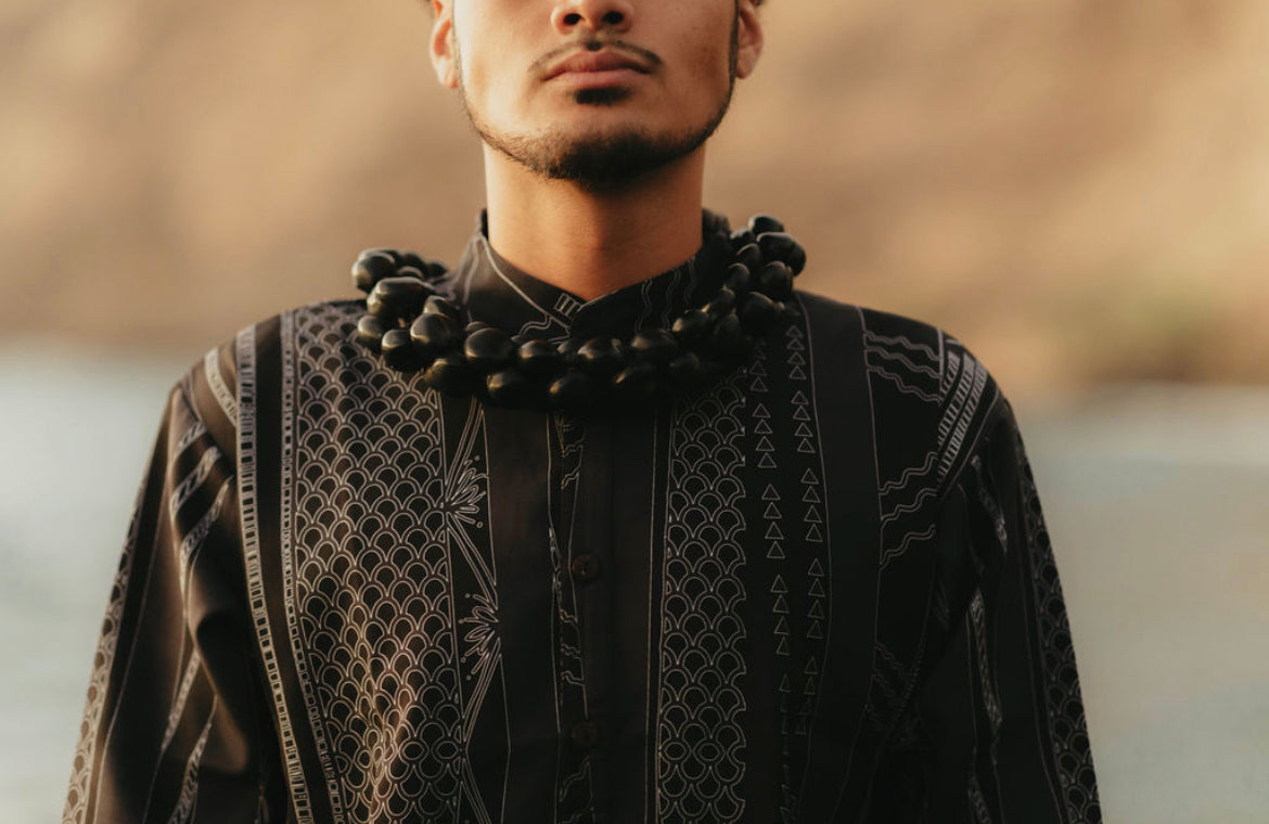 KUAHIWI LONG SLEEVE MANDARIN POLYESTER (Black & Grey )